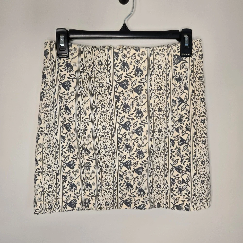 Free People Floral Stripe Mini Skirt Navy Cream Cotton Boho A-Line Size 6